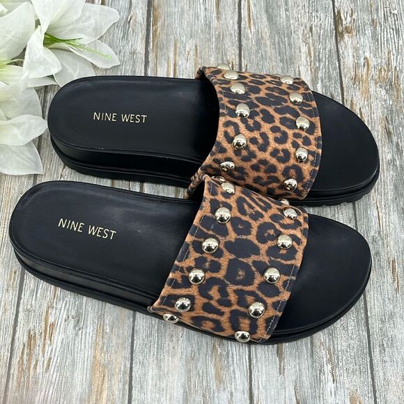 Women’s Leopard Print Studded Slides Sandals Shoes Size 9 - Picture 3 of 8